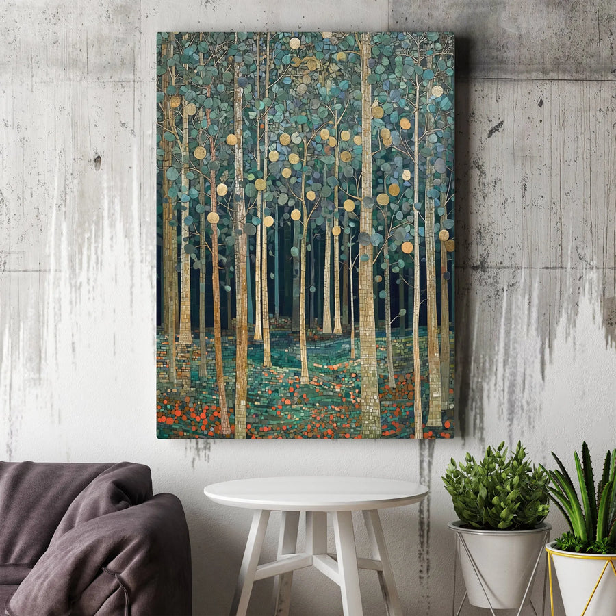 Abstract Forest Canvas Wall Art | Modern Mosaic Tree Artwork with Gold Accents | Premium Gallery Wrapped Print | Living Room & Office Decor