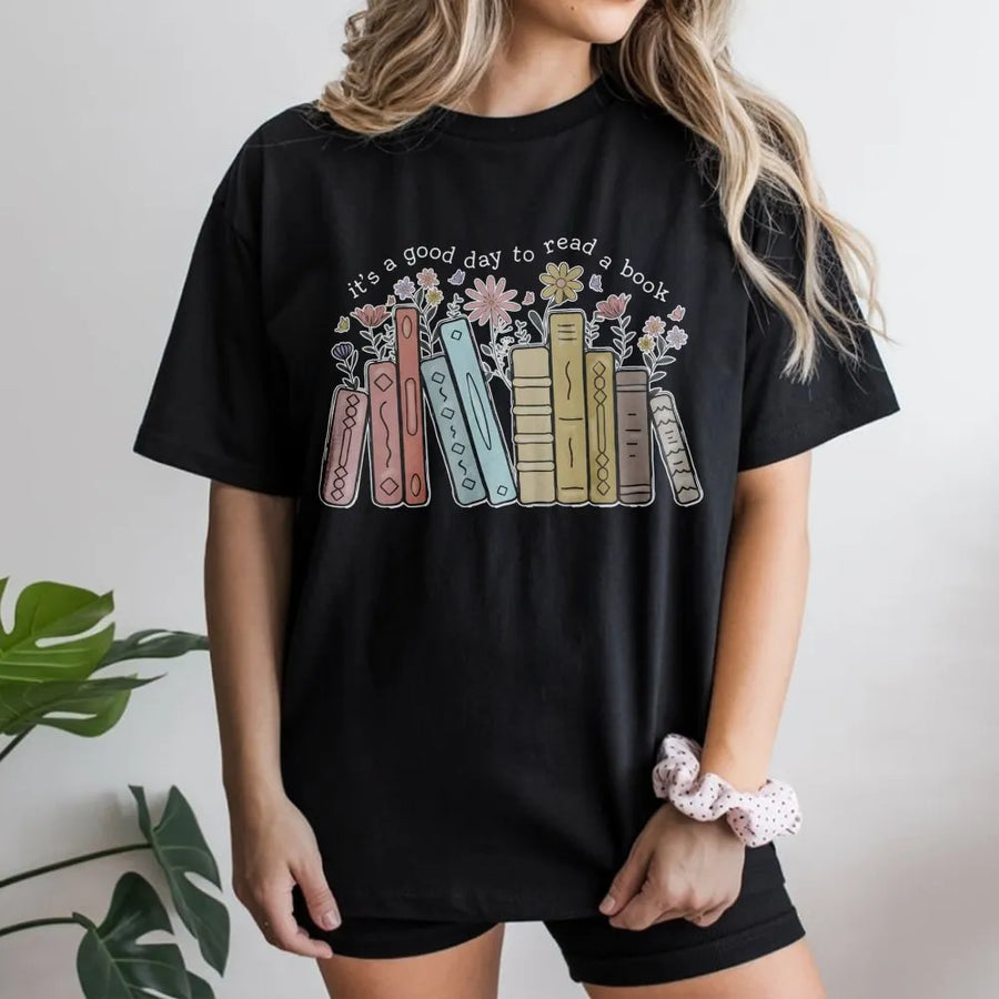 It's A Good Day To Read A Book T-Shirt | Floral Bookshelf Graphic Tee | 100% Cotton Premium Quality | Librarian Teacher Gift Idea
