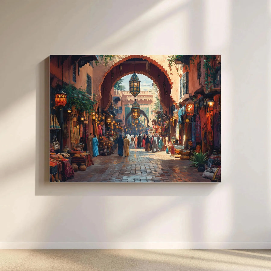 Moroccan Souk Canvas Print | Vibrant Market Scene with Lanterns | Premium 1.25-inch Gallery Wrapped Art | Cultural Home Decor Gift