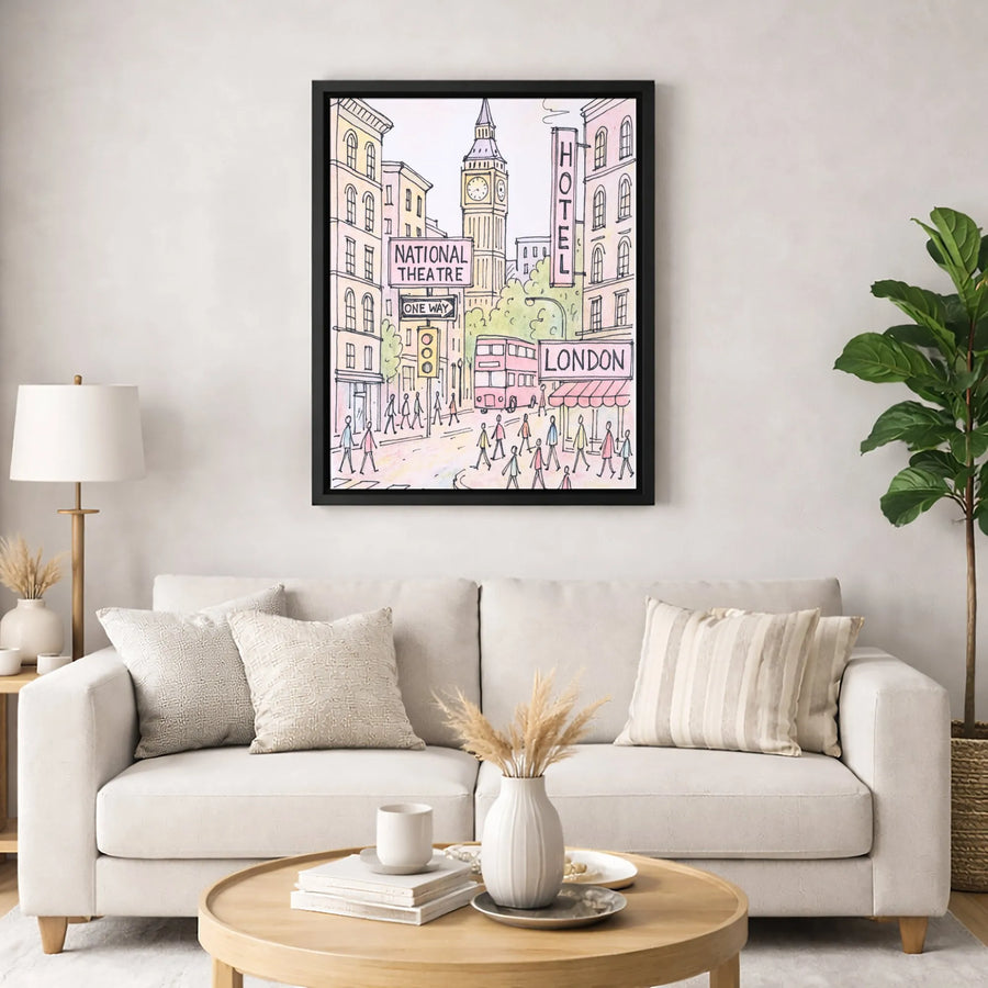 London Cityscape Canvas Art | Watercolor Sketch Print of Big Ben & Red Bus | Premium 1.25-Inch Gallery Wrap | Travel Enthusiast Home Decor Gift