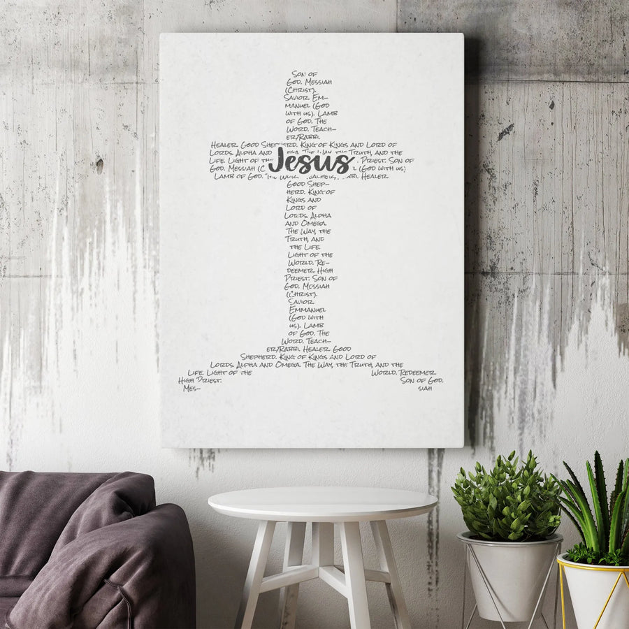 Jesus Names Word Art Cross Canvas | Religious Typography Wall Decor | Premium Gallery Wrap Print | Christian Gift for Home or Church