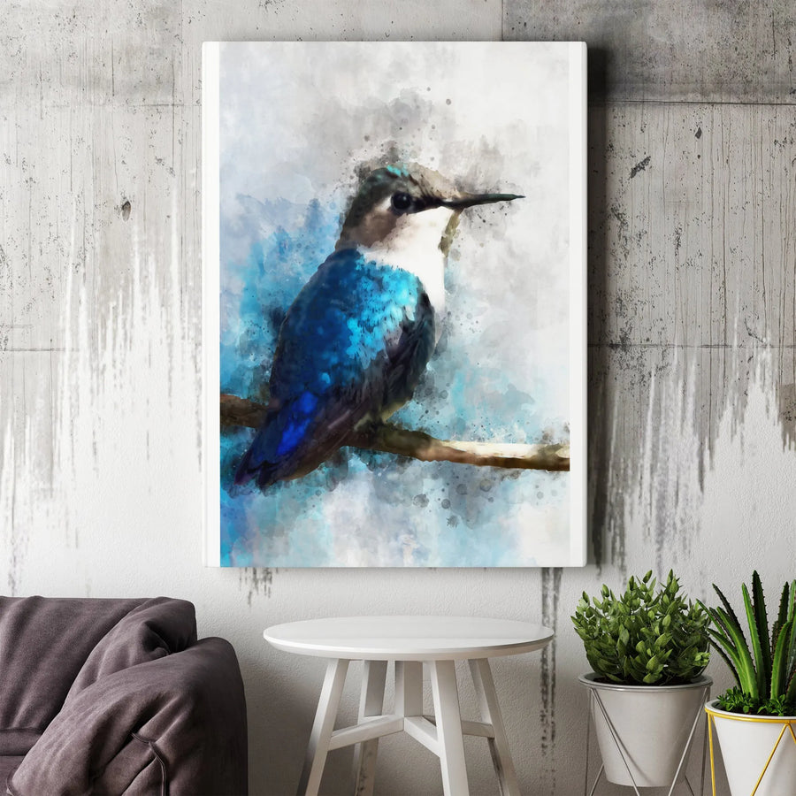 Watercolor Hummingbird Canvas Art | Vibrant Blue Bird Painting | Premium Gallery Quality Print | Nature Lover Gift for Home Decor