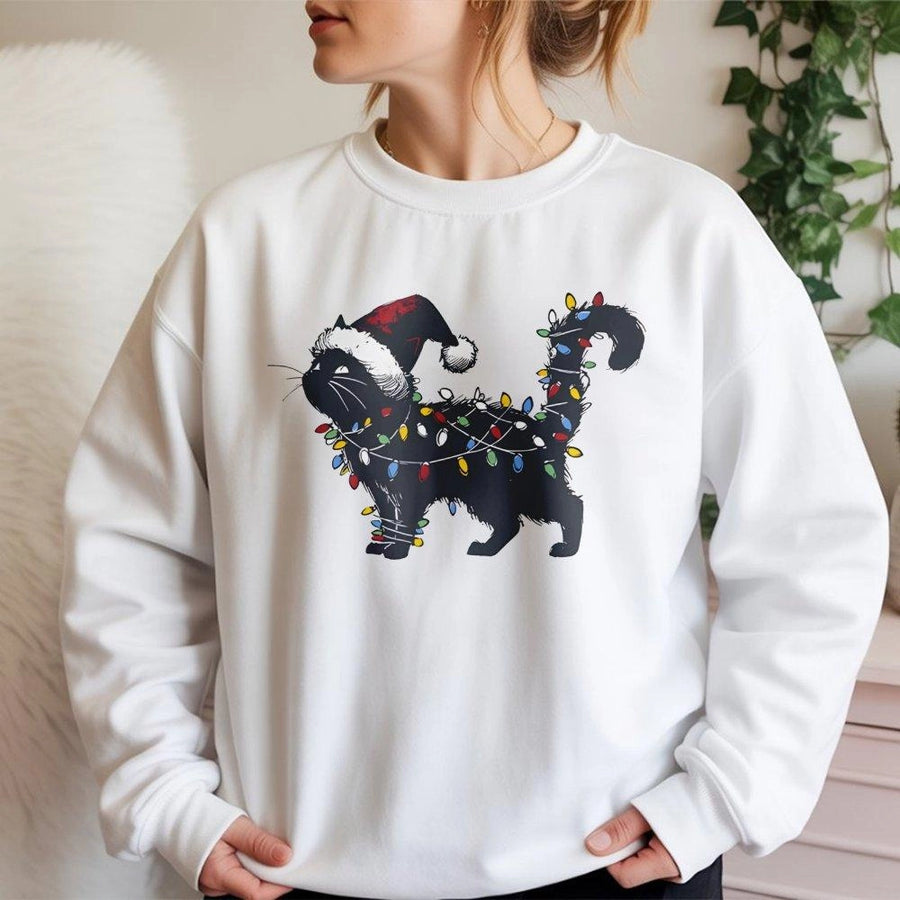 Christmas Cat Sweatshirt | Funny Black Kitty Tangled In Xmas Lights | Premium Cotton Blend Crewneck | Festive Holiday Gift For Cat Lovers