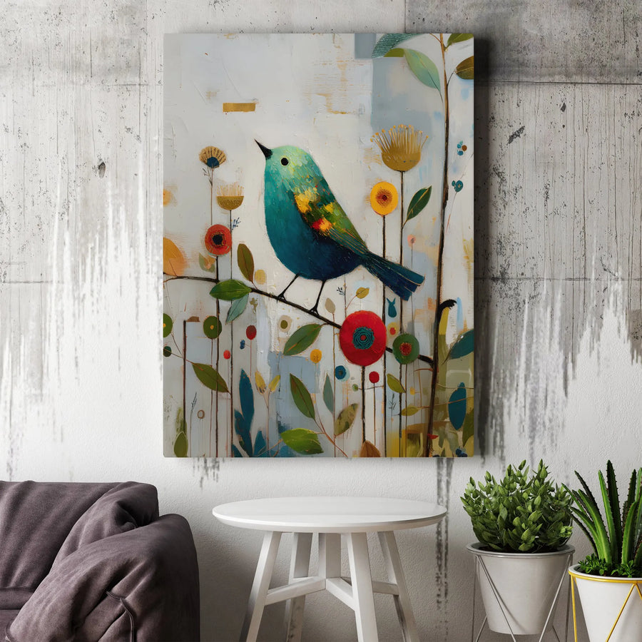 Abstract Bird Canvas Wall Art | Colorful Folk Art Floral Print | Premium Gallery-Wrapped Canvas | Modern Nature Decor Gift for Home Office
