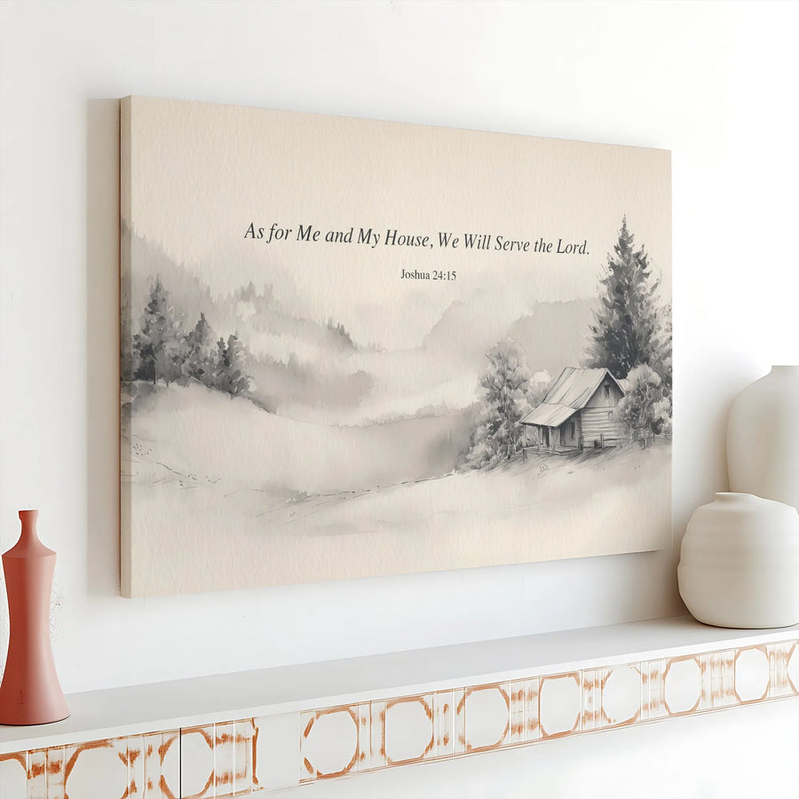 As for Me and My House Canvas Wall Art | Joshua 24:15 Scripture Print with Rustic Cabin Sketch | Premium Christian Family Home Decor Gift