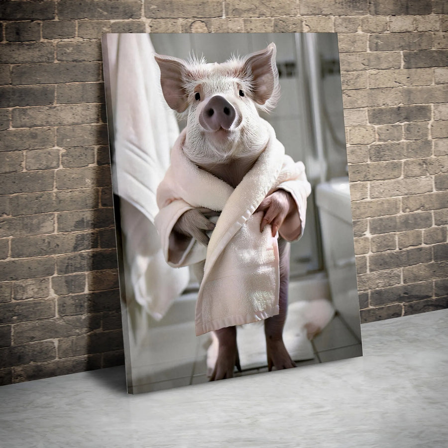 Funny Pig in Bathrobe Canvas Print | Whimsical Farm Animal Bathroom Wall Art | Premium Fade-Resistant Gallery Wrap | Cute Animal Home Decor Gift