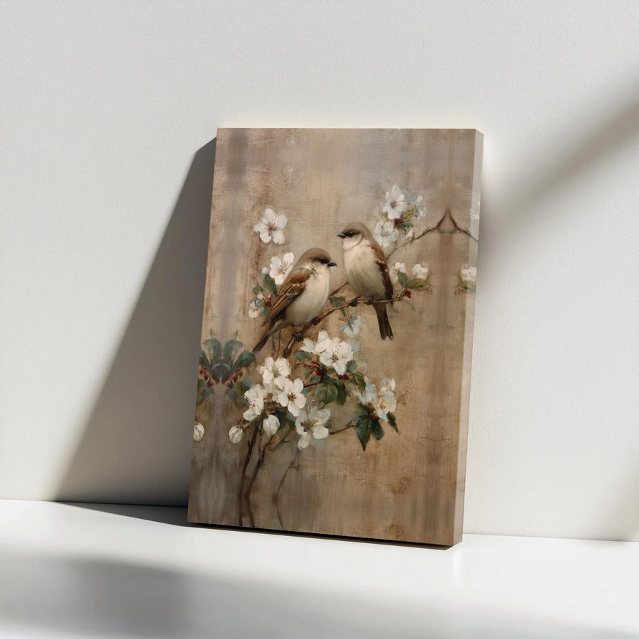 Sparrow Wall Art Canvas | Vintage Bird and Blossom Painting | Premium High-Resolution Print | Farmhouse Cottagecore Decor Gift