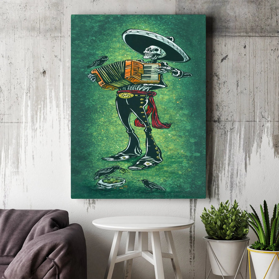 Mariachi Skeleton Canvas Wall Art | Dia De Los Muertos Accordion Player Print | Gallery Quality Thick Canvas | Unique Mexican Folk Art Home Decor Gift