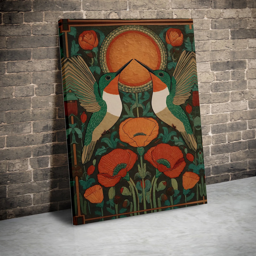 Art Nouveau Hummingbird Canvas Wall Art | Poppies and Botanical Bird Print | Premium 1.25 Inch Gallery Wrap | Elegant Home Decor Gift