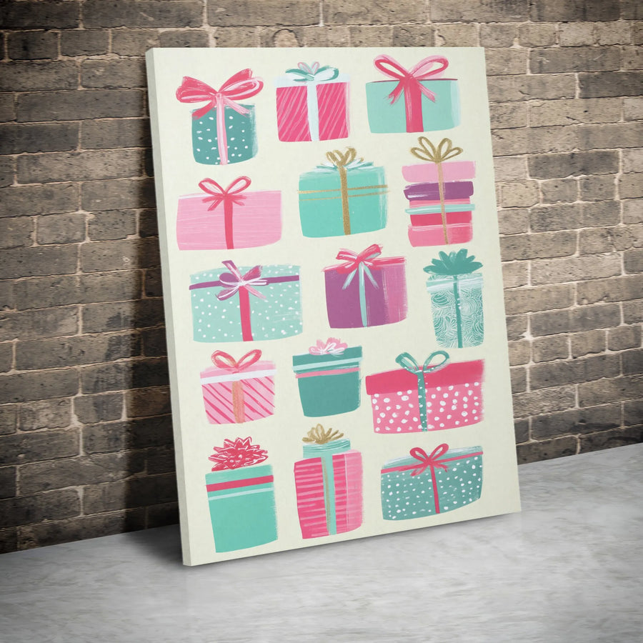Colorful Gift Boxes Wall Art | Festive Present Illustration Print | Premium 1.25-Inch Gallery Canvas | Holiday Home Decor Gift