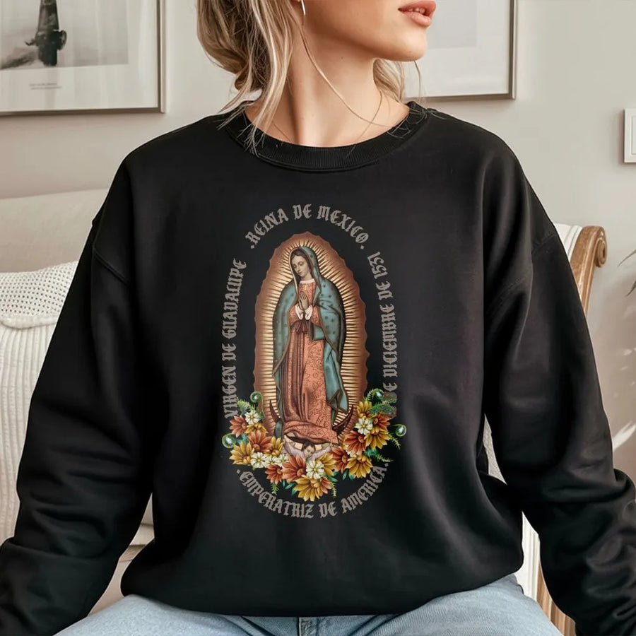 Virgen De Guadalupe Sweatshirt | Floral Religious Graphic Design | Premium Cotton Blend | Catholic Gift for Women and Men