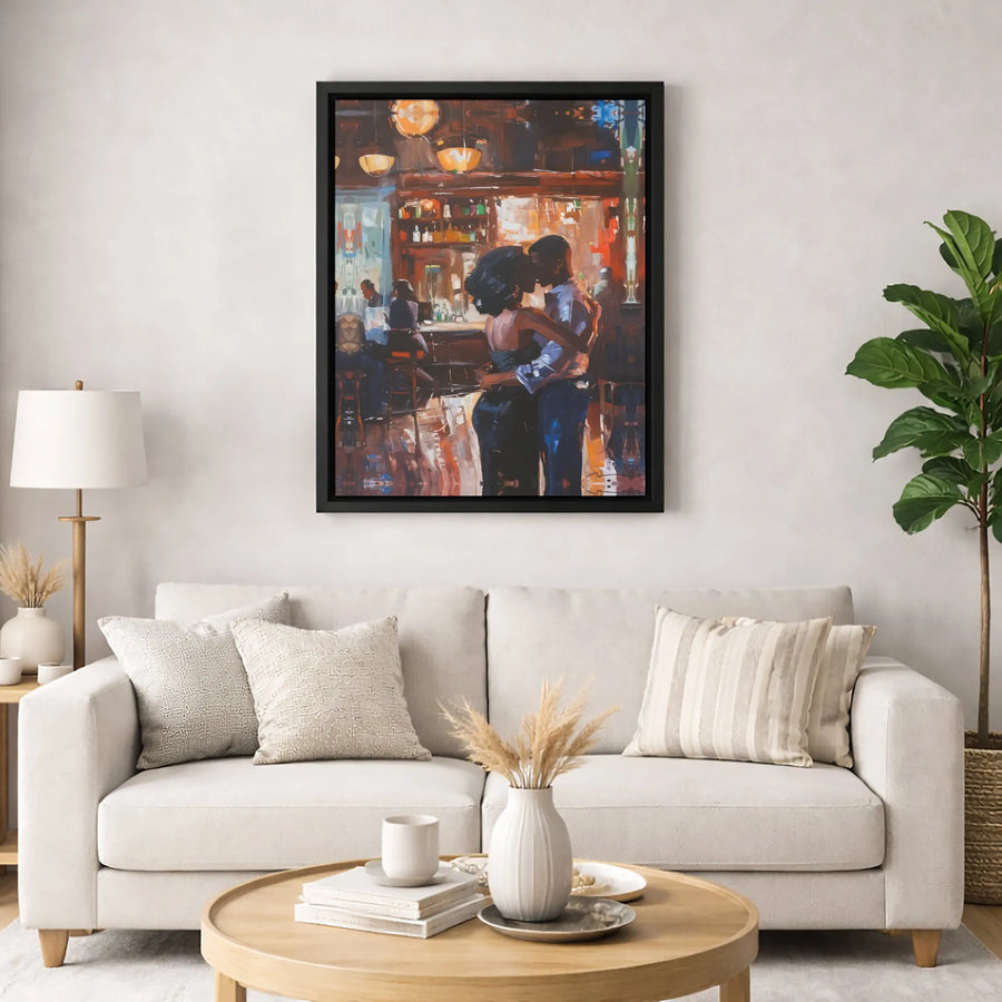 Romantic Black Couple Canvas Print | Impressionist Bar Dance Scene | Premium 1.25-Inch Thick Gallery Wrap | Modern Home Decor Wall Art