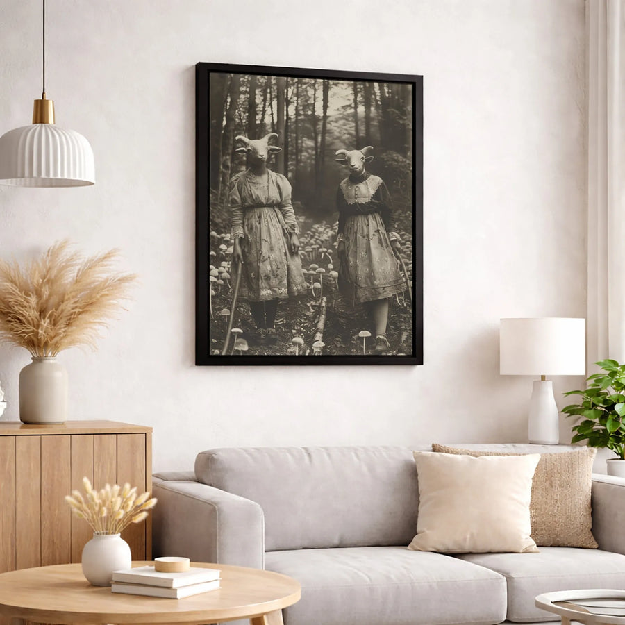 Surreal Goat Head Women Canvas | Vintage Forest Mushroom Photography | Gallery-Quality 1.25-Inch Profile | Dark Academia Gothic Wall Art