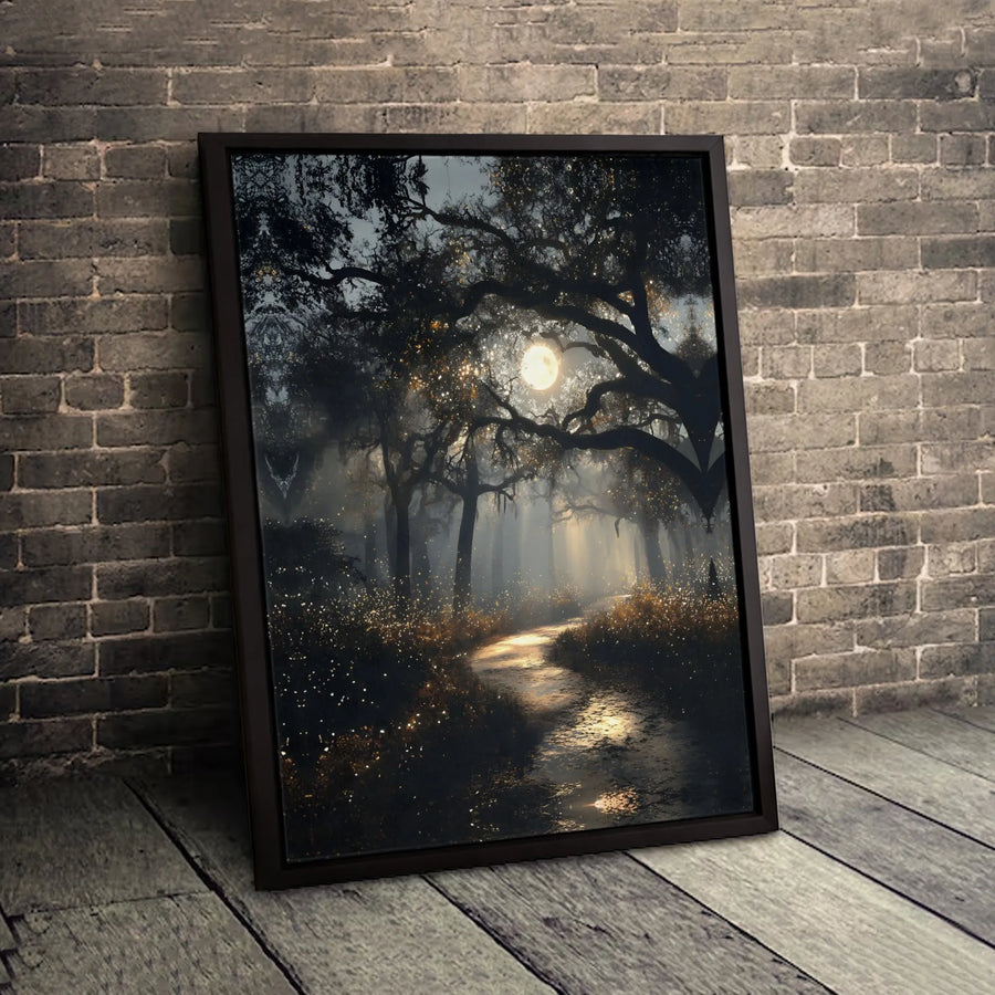 Enchanted Forest Canvas Wall Art | Moonlight Firefly Path Print | 1.25 inch Gallery Wrap | Dreamy Landscape Home Decor Gift