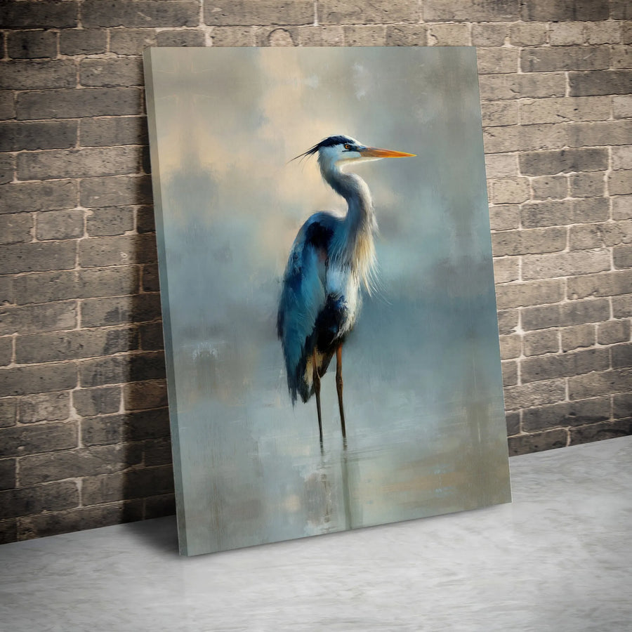 Great Blue Heron Canvas Wall Art | Misty Coastal Bird Painting | Premium Gallery Wrap Canvas | Nautical Home Decor Gift for Bird Lovers