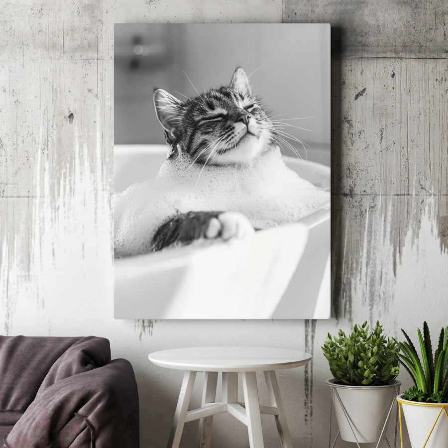 Funny Cat Bubble Bath Canvas Wall Art | Whimsical Monochrome Pet Portrait | Gallery Wrapped Premium Print | Unique Gift for Cat Lovers