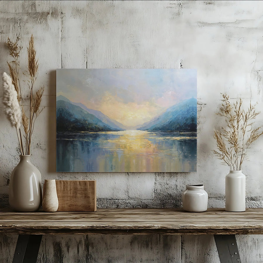 Mountain Lake Landscape Canvas | Abstract Sunset Wall Art | 1.25 Inch Premium Gallery Wrap | Modern Home Office Decor