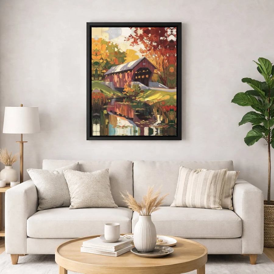 Red Covered Bridge Canvas Wall Art | Autumn Forest Landscape Print | Premium 1.25-Inch Gallery Wrap | Fall Home Decor Gift for Nature Lovers