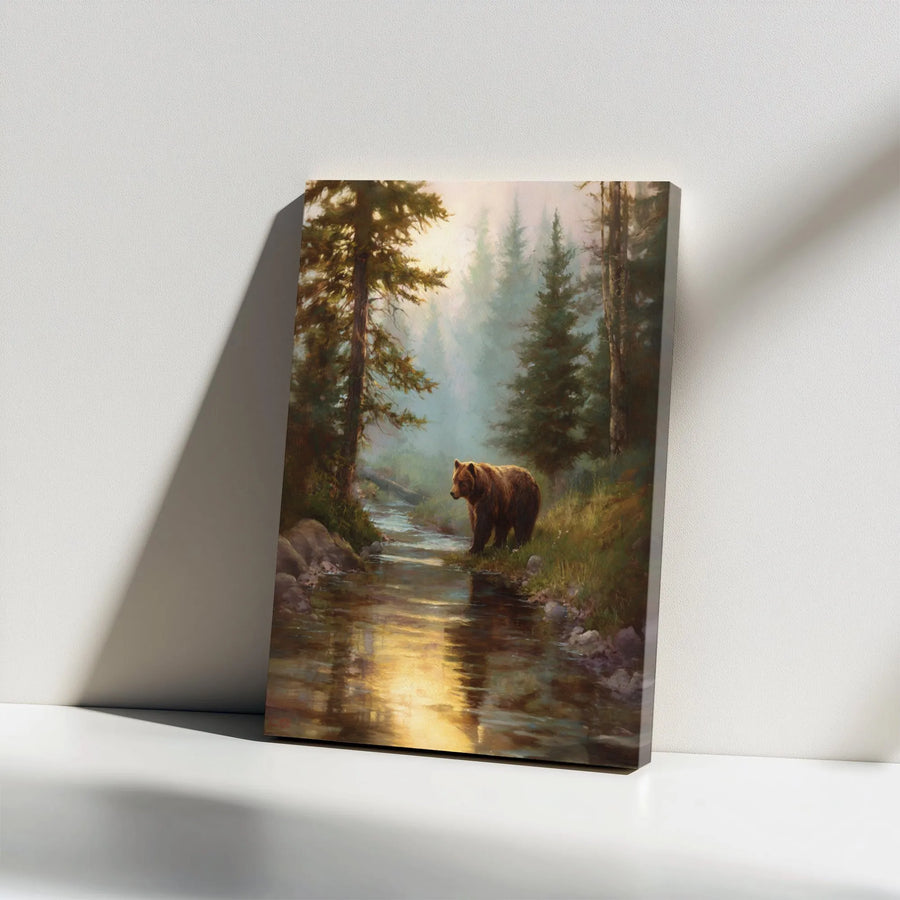 Grizzly Bear Canvas Wall Art | Misty Forest River Painting | Premium Gallery Wrapped Canvas | Rustic Cabin & Lodge Decor Gift