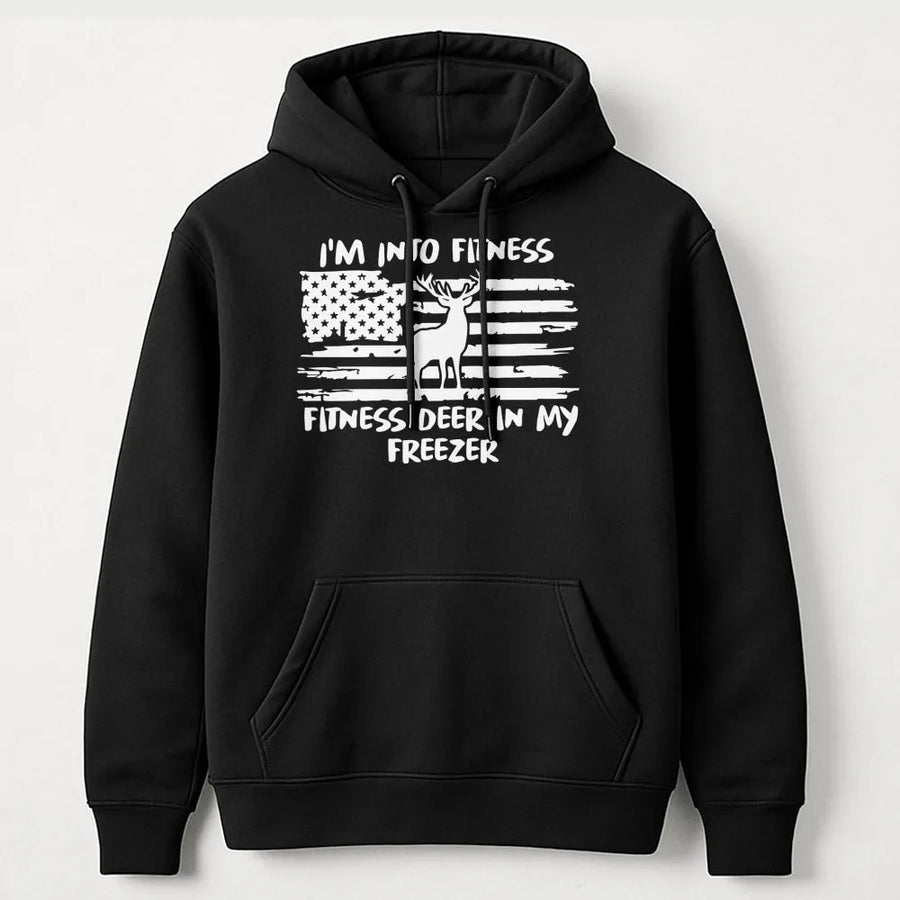 I'm Into Fitness Deer In My Freezer Hoodie | Funny American Flag Hunting Graphic | Premium Cotton Blend | Gift For Hunter Men And Women