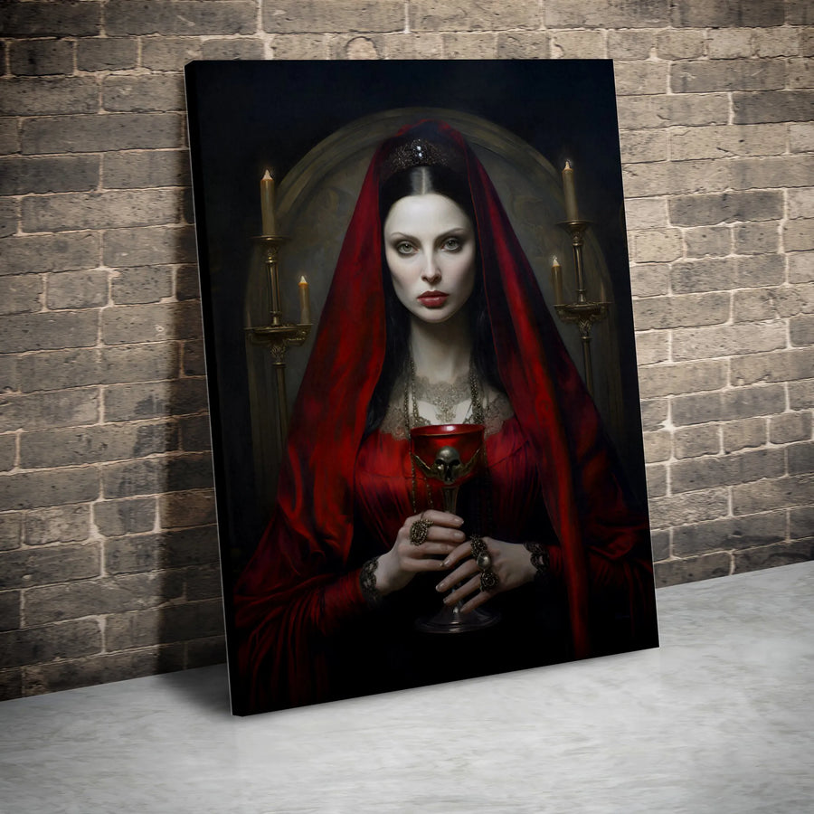 Gothic Vampire Queen Canvas Art | Dark Fantasy Red Veil Portrait | Premium Fade-Resistant Print | Moody Home Decor Gift for Horror Lovers