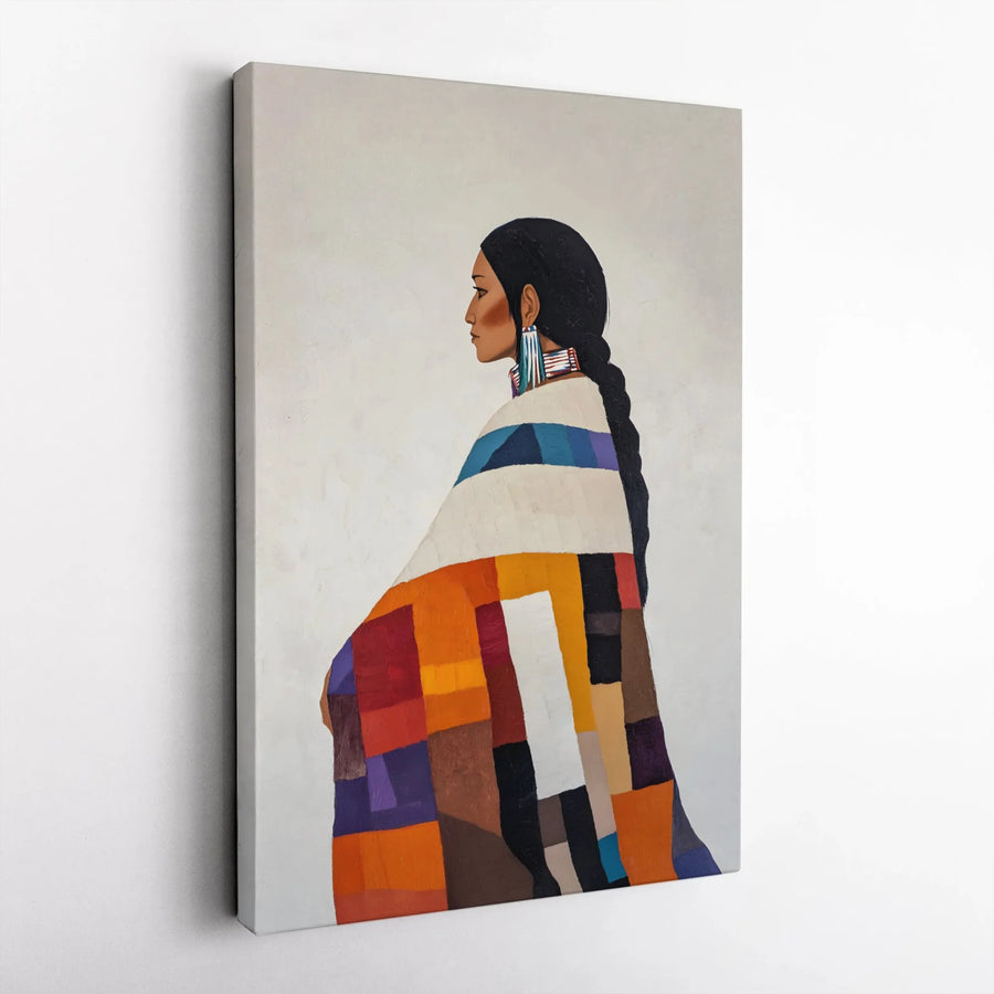 Native American Portrait Canvas | Colorful Patchwork Blanket Art | Gallery Wrapped Premium Quality | Southwest Wall Decor for Home Office