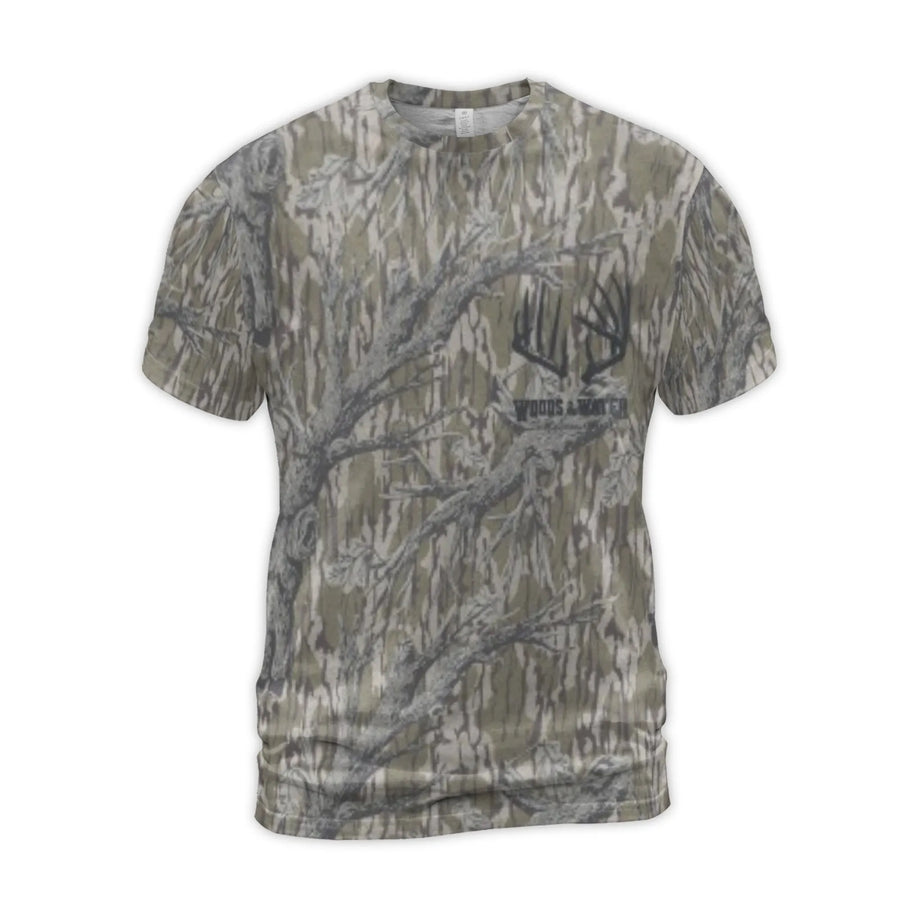 Camo Deer Hunting T-Shirt | All-Over Print Graphic Woods & Water | Premium Polyester Blend | Gift for Outdoorsmen and Hunters