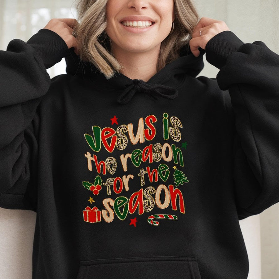 Jesus Is The Reason For The Season Hoodie | Leopard Print Christian Christmas Graphic | Premium Cotton Blend | Faith-Based Gift For Women