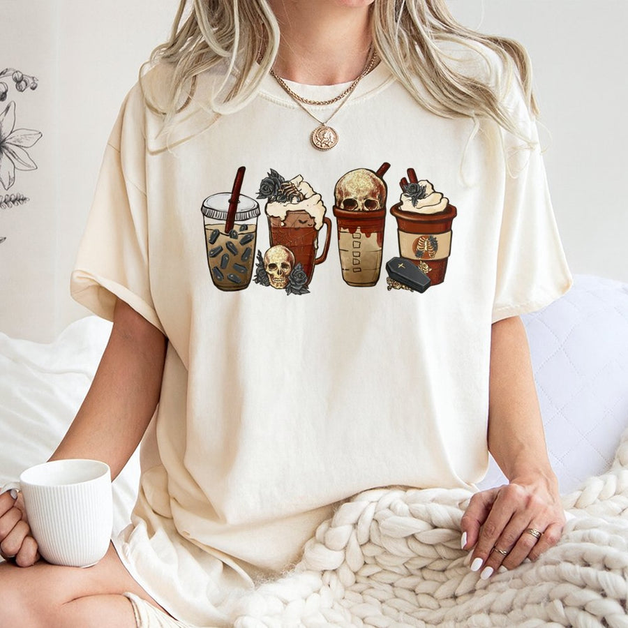 Gothic Coffee T-Shirt | Spooky Skull and Coffin Latte Graphic | 100% Cotton Premium Apparel | Halloween Lover Gift Idea for Her