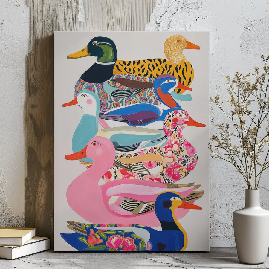 Stacked Ducks Canvas Wall Art | Colorful Floral Animal Print Illustration | Premium Gallery Wrap Decor | Whimsical Bird Lover Gift for Home Office