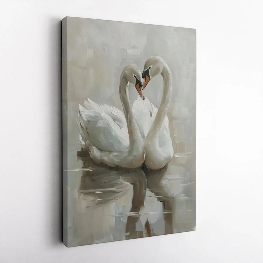 Swan Heart Wall Art | Romantic Couple Swans Oil Painting Style | Gallery Wrapped Premium Canvas | Bedroom Decor Gift For Anniversary Wedding