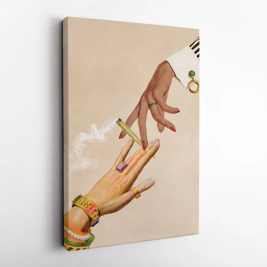 Marijuana Joint Hands Canvas Art | Retro Collage Aesthetic Wall Decor | Premium Fade-Resistant Print | Unique Boho Stoner Gift for Home