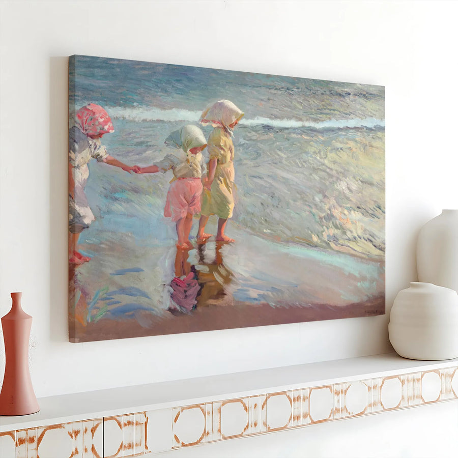 Vintage Beach Scene Canvas Print | Impressionist Painting of Children by the Sea | Premium Fade-Resistant Print | Coastal Home Decor Gift