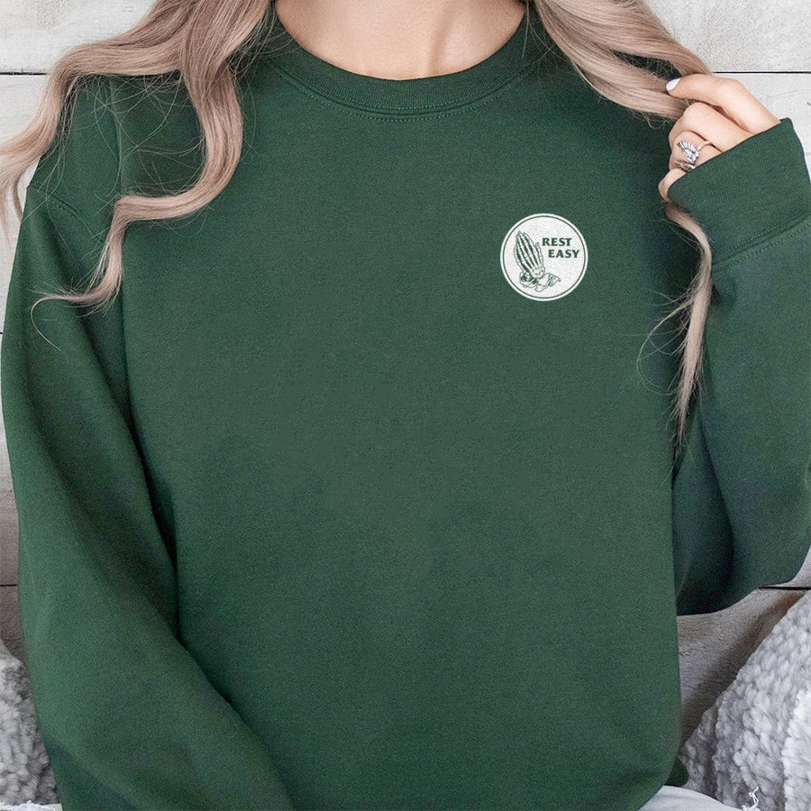 Rest Easy Skeleton Sweatshirt | Praying Hands Graphic Design | Premium Cotton Fleece | Edgy Streetwear Gift for Men and Women