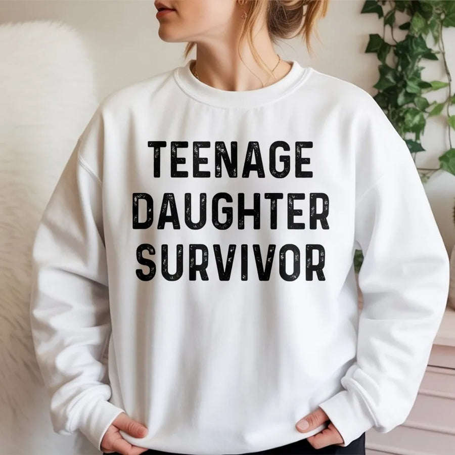 Teenage Daughter Survivor Sweatshirt | Funny Parenting Graphic Tee | Premium Cotton Blend Unisex Crewneck | Hilarious Dad Birthday Gift