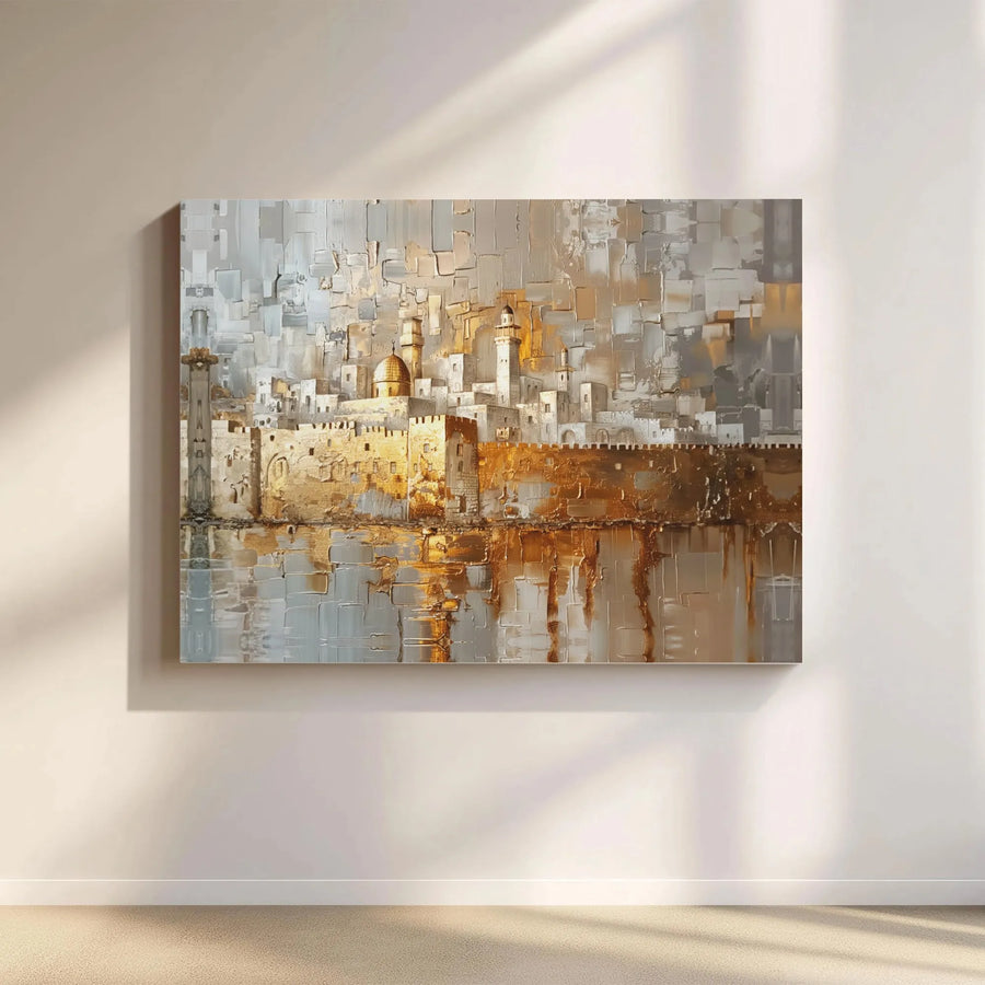 Jerusalem Old City Canvas Wall Art | Abstract Gold And Silver Skyline Print | Premium 1.25 Inch Gallery Wrap | Holy Land Home Decor Gift