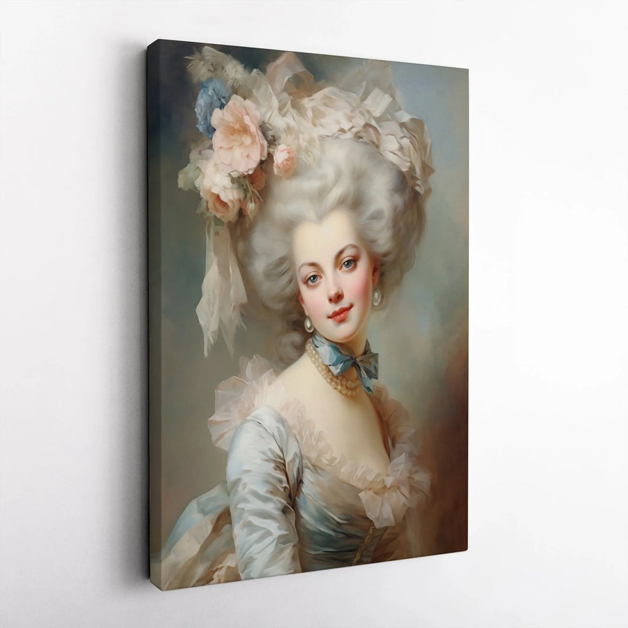 Marie Antoinette Portrait Canvas Wall Art | Rococo Noblewoman with Floral Hat | Premium Fade-Resistant Print | Elegant Home Decor Gift
