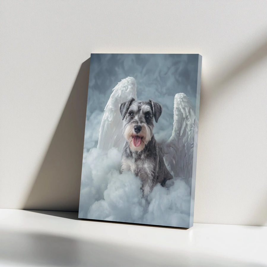 Schnauzer Angel Canvas Wall Art | Dog with Wings on Clouds Portrait | Premium Canvas Print | Pet Loss Sympathy Gift for Dog Lover