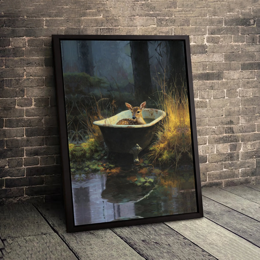 Fawn in Clawfoot Bathtub Canvas | Whimsical Forest Animal Wall Art | Premium 1.25-inch Framed Gallery Print | Unique Home Decor Gift