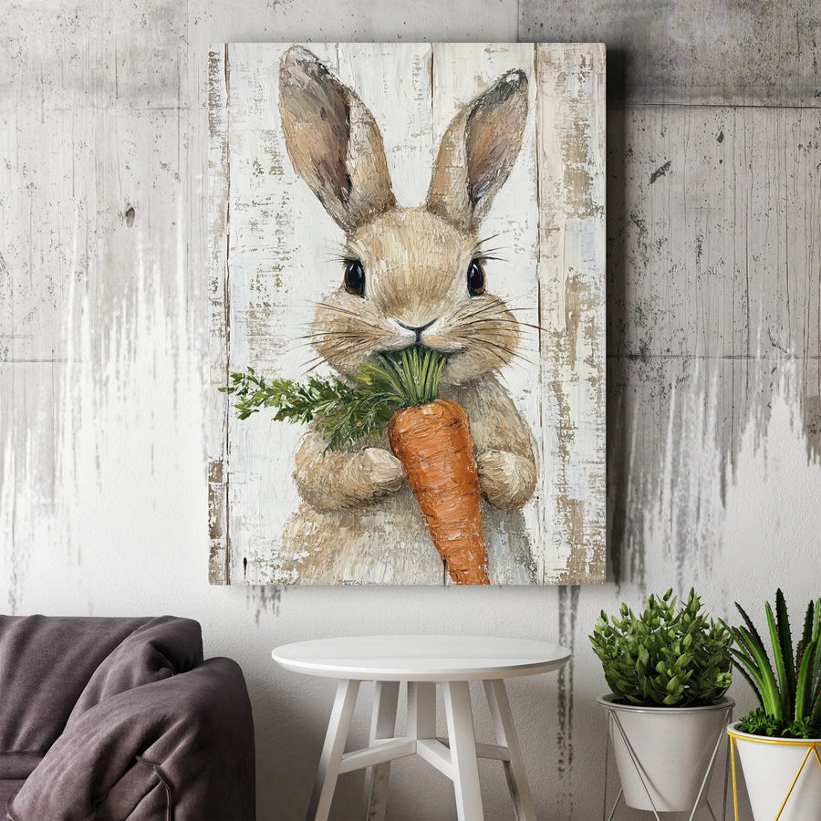 Rustic Bunny Canvas Wall Art | Vintage Style Oil Painting Print | Premium Thick Gallery Wrap Canvas | Nursery Decor & Farmhouse Kitchen Gift