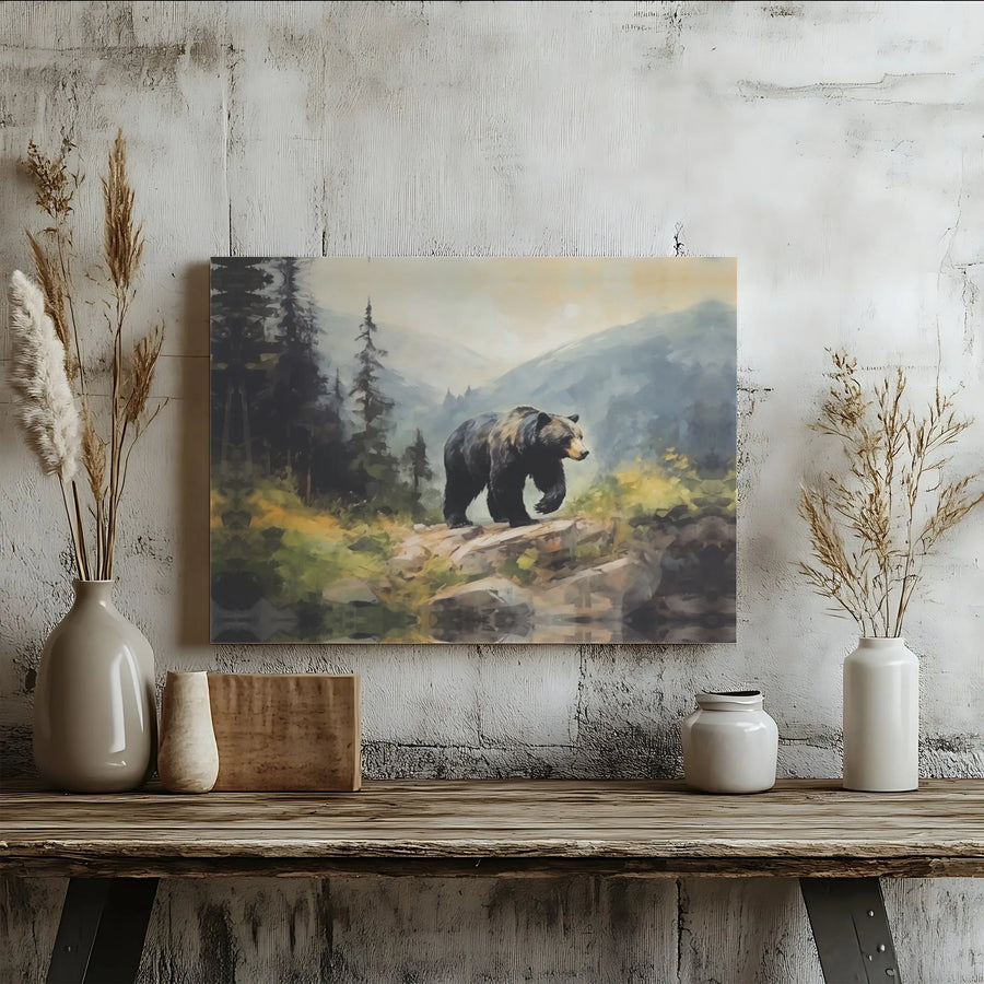 Grizzly Bear Mountain Wall Art | Majestic Wildlife Forest Landscape | Premium Gallery Canvas | Nature Lover Home Office Decor Gift