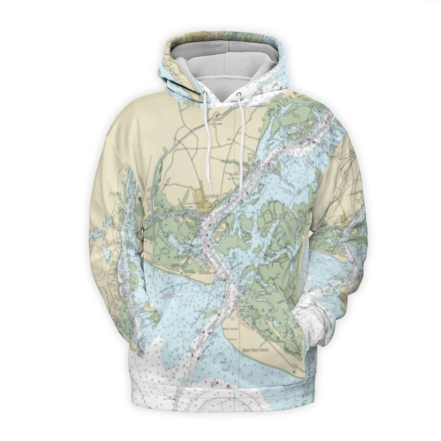 Bald Head Island Nautical Map Hoodie | All-Over Print Chart Design | Premium Brushed Fleece Lining | Coastal Gift for Beach Lovers & Sailors