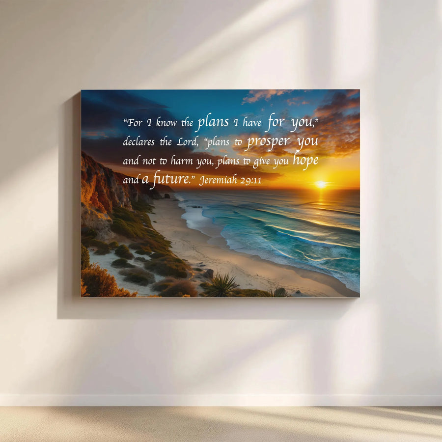 Jeremiah 29:11 Canvas Wall Art | Inspirational Bible Verse with Ocean Sunset | Premium Gallery Wrapped Canvas | Christian Home Decor Gift