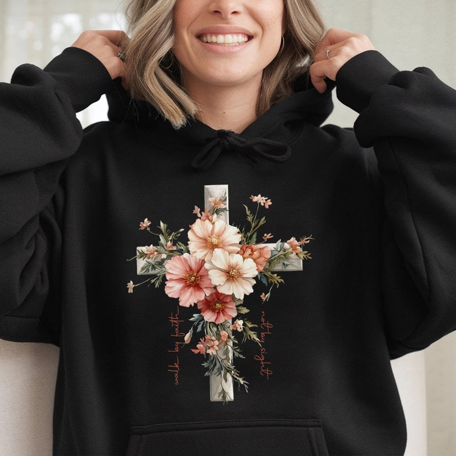 Walk By Faith Hoodie | Floral Cross Christian Graphic | Premium Cotton Blend | Religious Gift for Women and Men