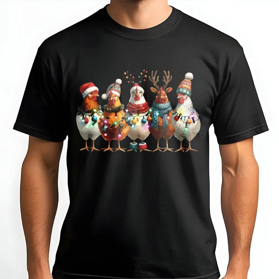 Christmas Chicken T-Shirt | Funny Farm Animal Holiday Lights Design | 100% Cotton Premium Tee | Festive Gift for Chicken Lovers