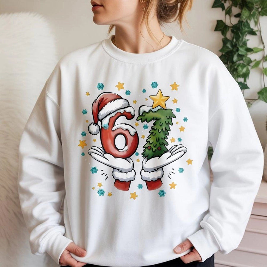 6-7 Christmas Sweatshirt | Funny Santa Hands Number Graphic | Cotton Blend Premium Crewneck | Matching Holiday Gift For Him And Her