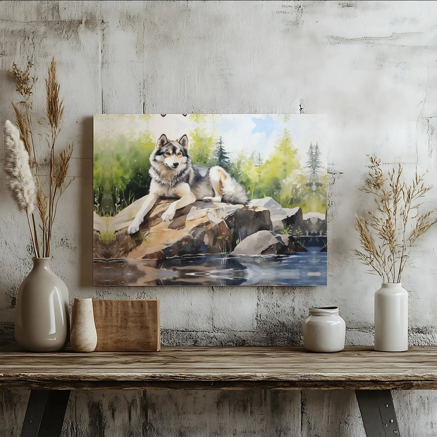 Watercolor Wolf Canvas Print | Forest River Landscape Wall Art | Gallery Quality 1.25-inch Profile | Wildlife Lover Nature Home Decor Gift