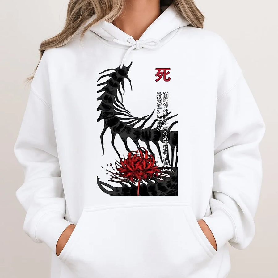 Anime Centipede Hoodie | Japanese Spider Lily Graphic | Premium Streetwear Pullover | Dark Aesthetic Gift For Manga Fans