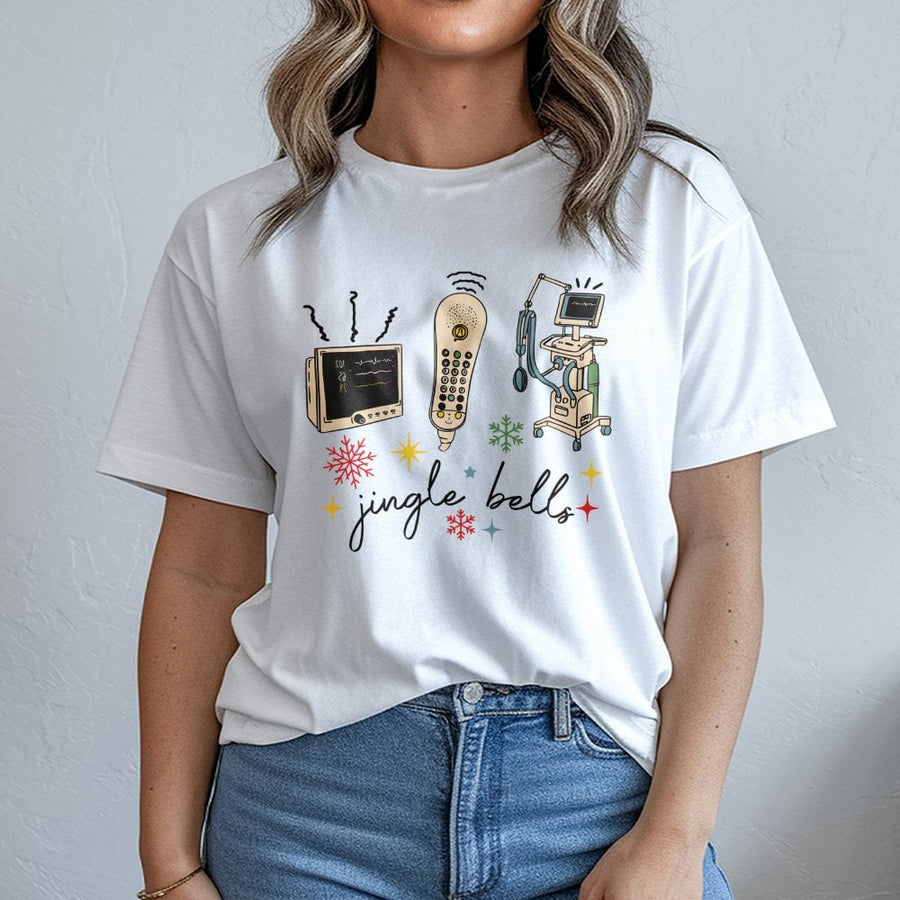 Nurse Christmas T-Shirt | Medical Equipment Jingle Bells Graphic | Premium Cotton Unisex Tee | Funny RN Hospital Staff Holiday Gift
