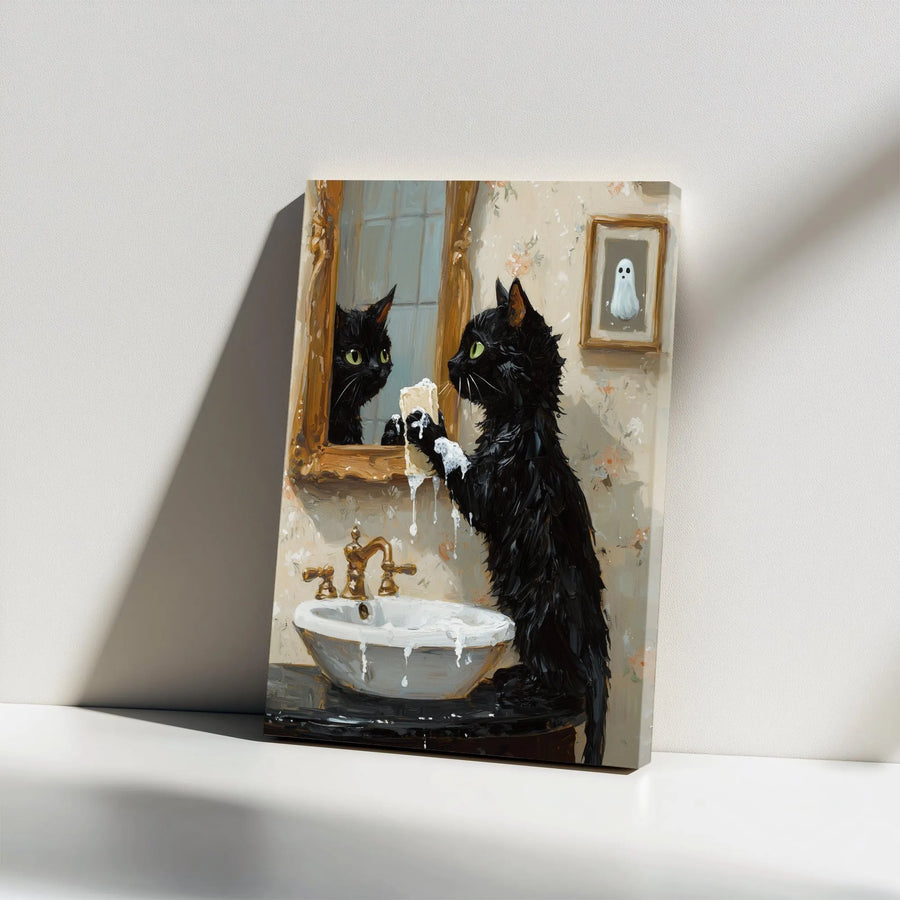 Black Cat Washing Mirror Canvas Wall Art | Whimsical Bathroom Decor Painting | Premium Gallery Wrap Print | Funny Halloween Gift For Cat Lovers